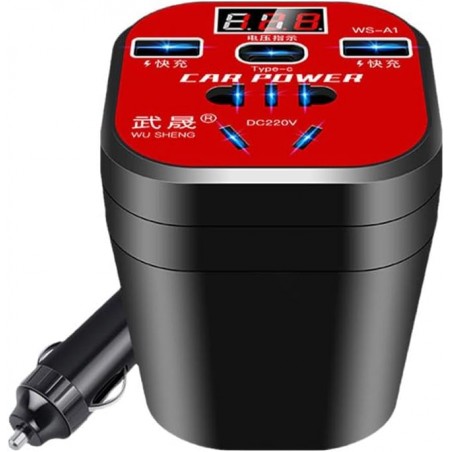 Convertisseur de type tasse monté sur voiture, chargeur QC, onduleur de voiture 200 W, 5 en 1 porte-gobelet design 3 USB