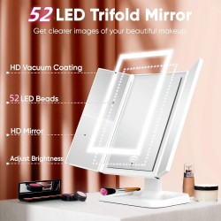 Miroir de maquillage avec lumières, miroir de courtoisie éclairé par 52 LED, miroir pliable à trois volets rechargeable de 2000