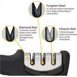 Aiguiseur professionnel 3 fentes en acier inoxydable avec poignée ergonomique et base antidérapante | Affûtage précis de qualité