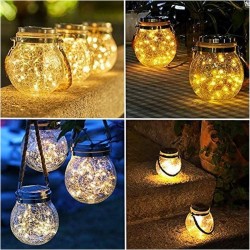 Lot de 6 lanternes solaires en verre à suspendre pour l'extérieur, LED chaude fissurée, étanche IP65, pour jardin, balcon, cour,