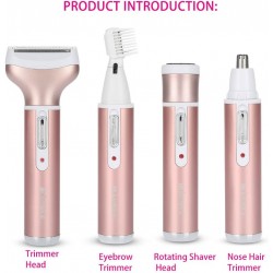 Rasoir électrique femme 4 en 1, Tondeuse Intime Femme Rechargeable Imperméable Épilateur Visage Épilation Indolore tête de