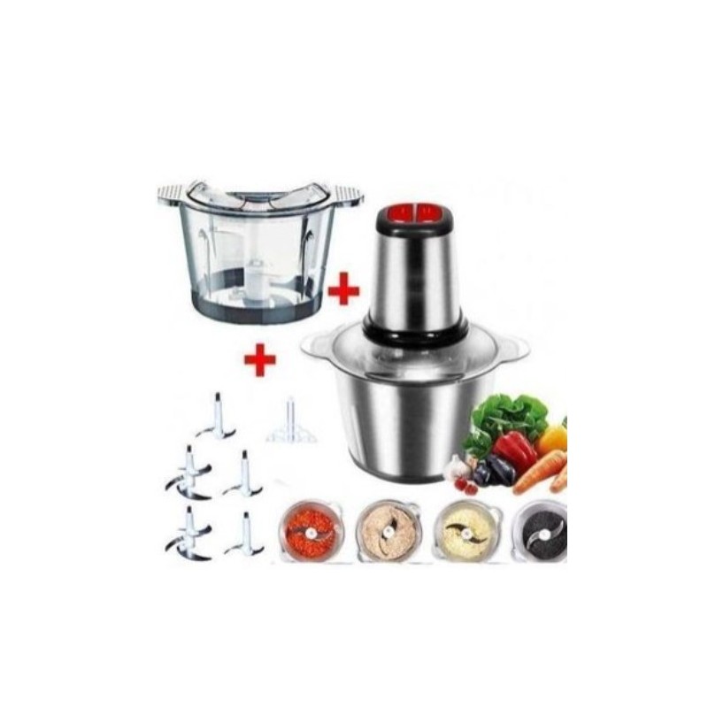 Electric chopper 3/2 Liter, multifunction, 2 stainless steel and glass bowls, 5 blades, beater