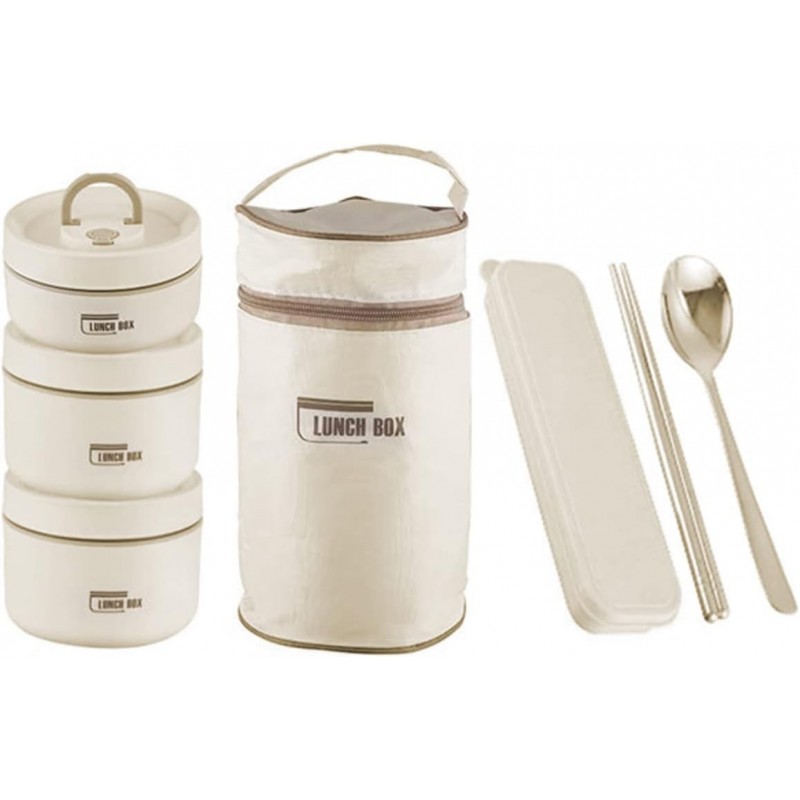 Set of 3 Insulated Meal Containers, with Bag, Spoon, Chopsticks, Large Capacity