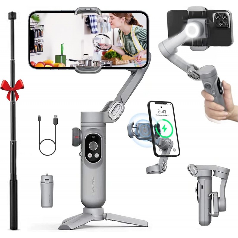 Professional Smartphone Gimbal Stabilizer, Wireless Charging, OLED Display, LED Light, Focus Wheel