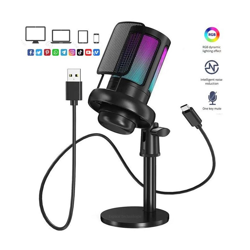 ميكروفون USB مكثف RGB متوافق مع أنظمة التشغيل Windows/Mac/Android/iOS/